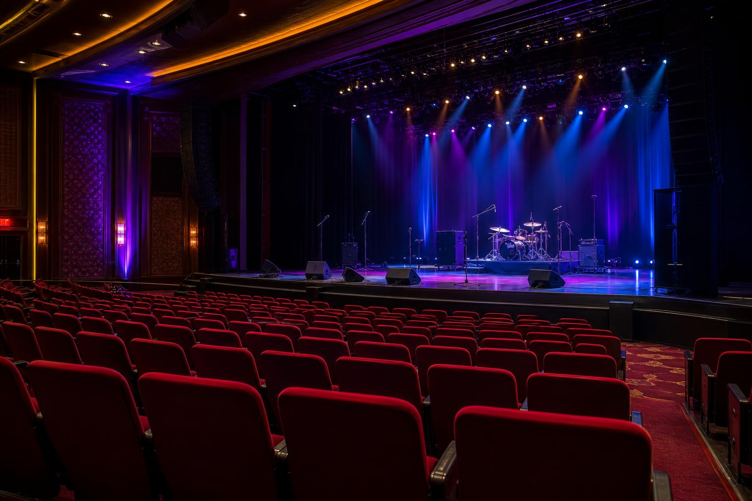 Elegant theatre hall with stage, drums, microphones and colourful event lighting — Bluberry Events